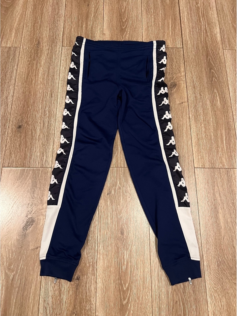 VintagKappa Navy Blue Track Pants with Side Logo Tape and Zipper Ankles, Large